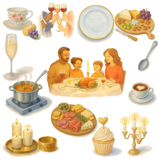 Festive Dinner Watercolor Clipart – Elegant Tablescape PNG Set, Holiday Meal & Family Dinner Art, Celebration Dining Clipart, 56 PNG Files