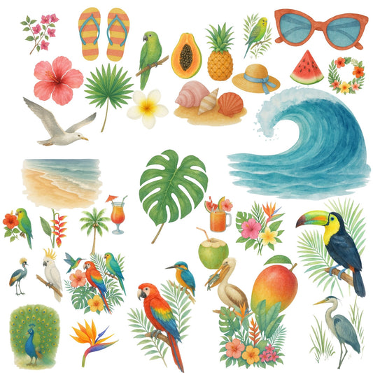 Tropical Watercolor Clipart PNG – Birds, Beach, Paradise Art, Summer Vacation Graphics (50 PNG)