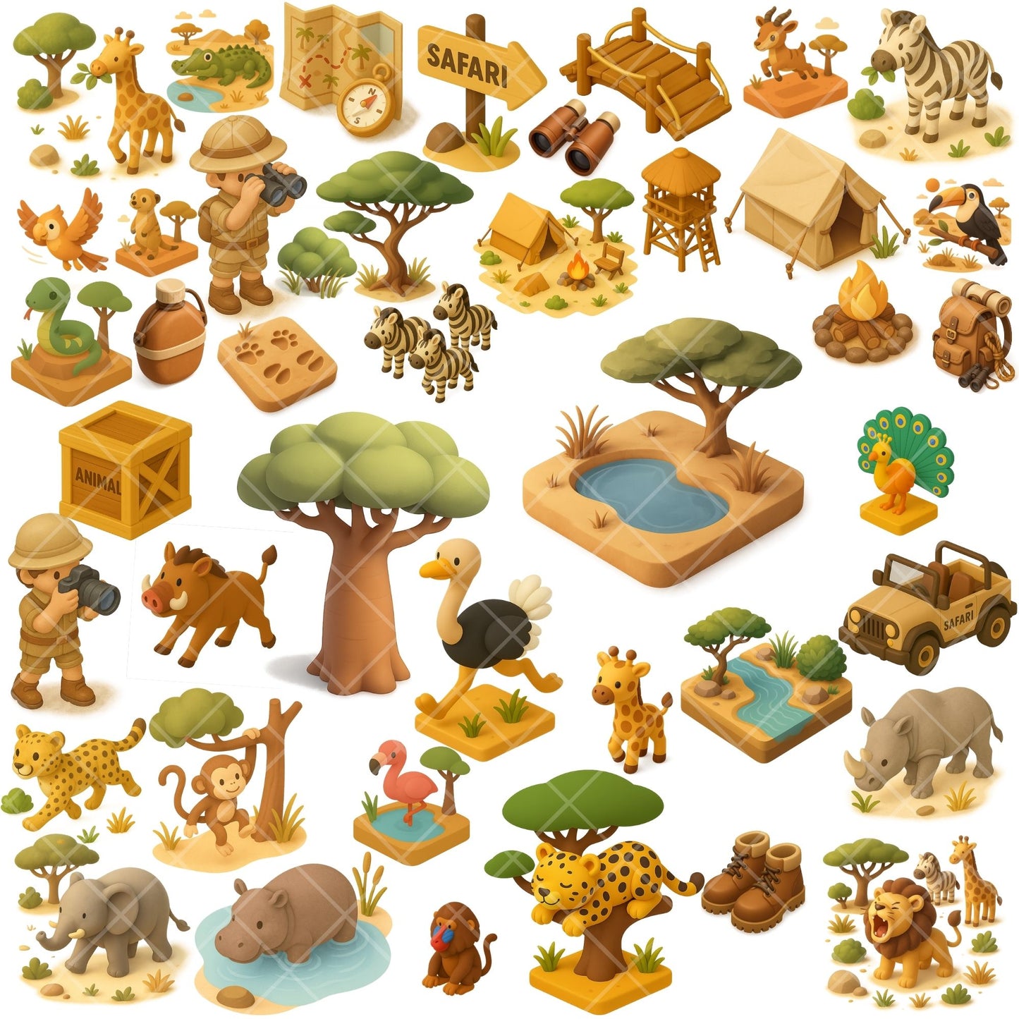 Safari Animals 3D Clipart PNG | Jungle Adventure Isometric Set | Safari Nursery Art | Kids Jungle Clipart | Commercial Use