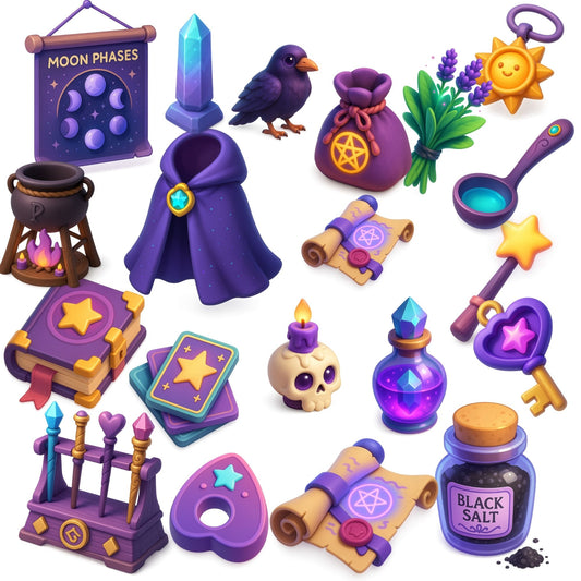 Witchcraft Clipart Bundle – Magical Potions, Crystals & Herbs PNG | Witchy Watercolor Graphics for Tarot, Planners, Stickers (65 Files)