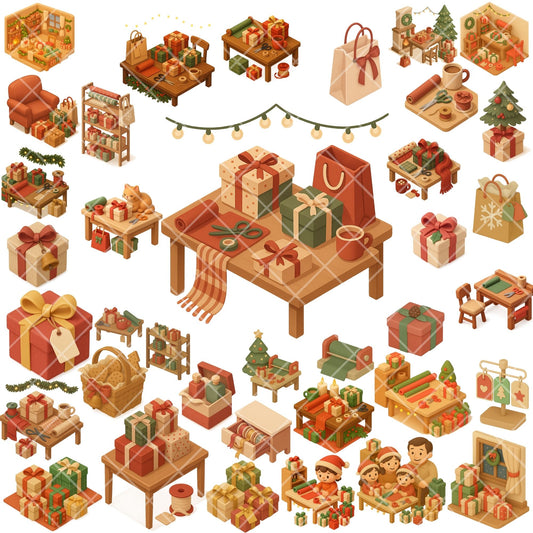 Gift Wrapping Clipart PNG | Christmas Workshop Isometric Art | Holiday Presents & Tags | Cozy Xmas Clipart | Commercial Use