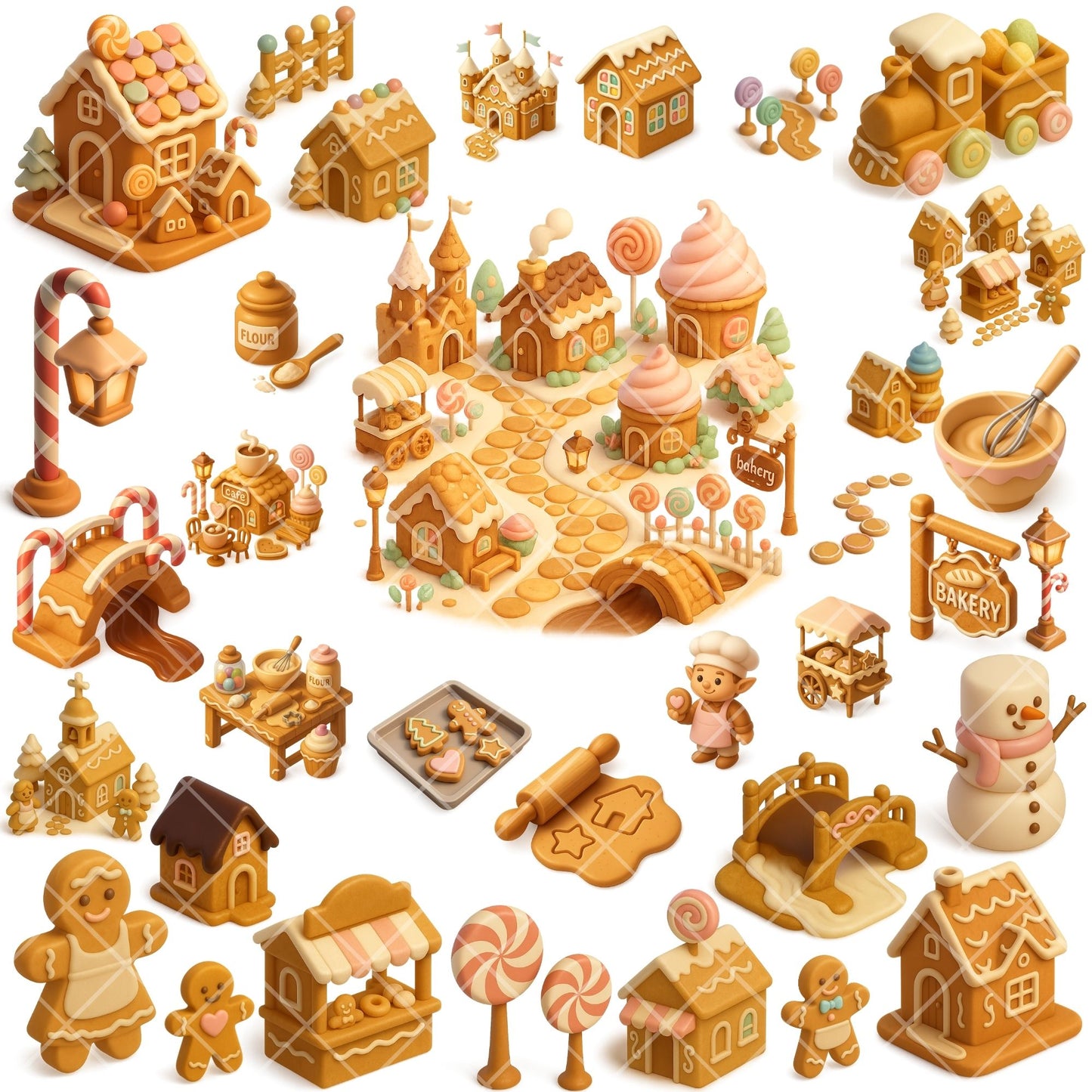 Gingerbread Village Clipart PNG | Christmas Gingerbread Houses | Candy Land Holiday Art | Gingerbread Town PNG | Commercial Use
