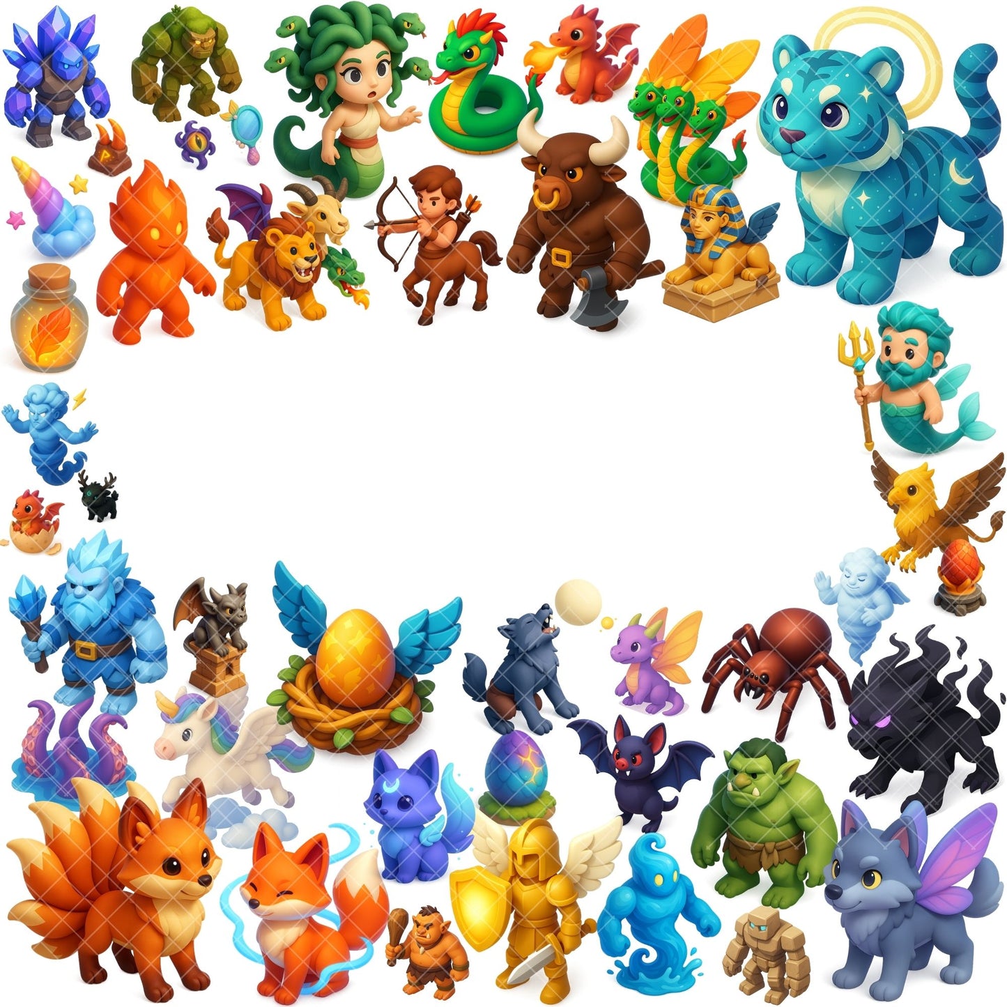 Mythical Creatures Clipart, Fantasy Beasts PNG Bundle, Dragons Unicorns Phoenix Griffins, 3D Fantasy Art (64 PNG)