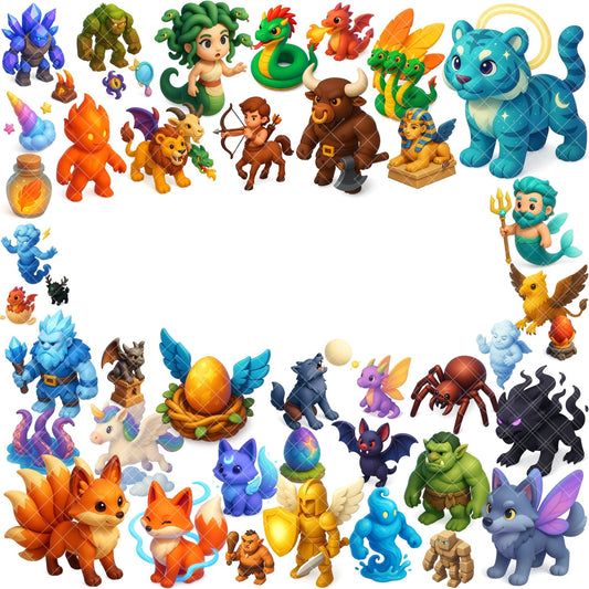 Mythical Creatures Clipart, Fantasy Beasts PNG Bundle, Dragons Unicorns Phoenix Griffins, 3D Fantasy Art (64 PNG)