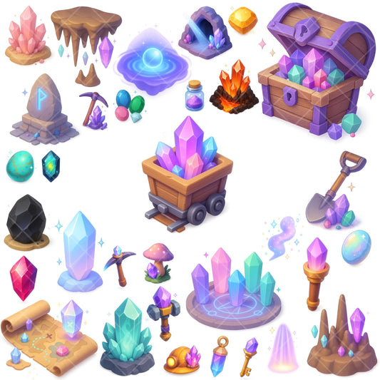 Crystal Cave Clipart, 3D Gemstones PNG, Fantasy Minerals Alchemy Art, Enchanted Crystals & Caves Set (65 PNG)