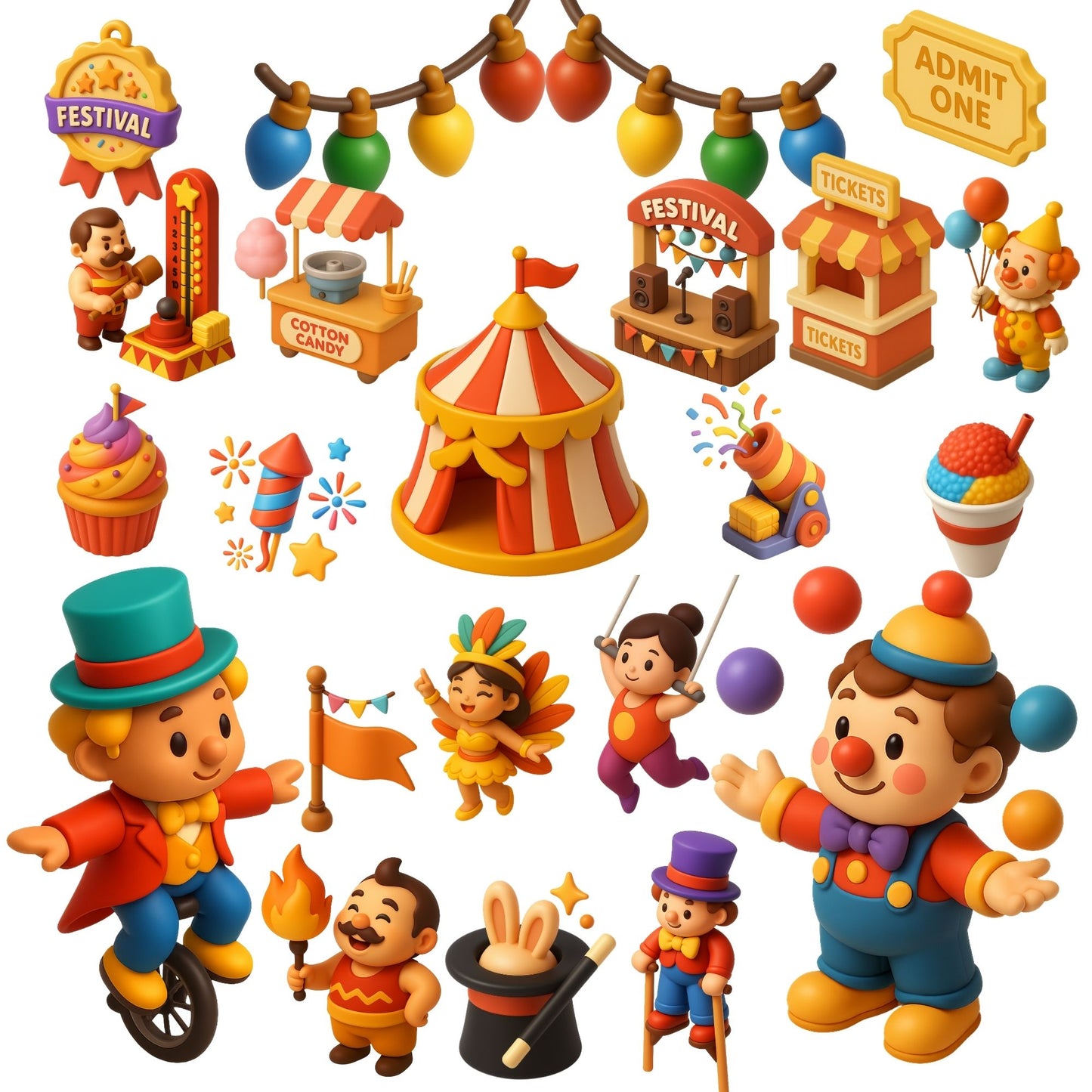 Carnival Clipart Set – 3D Circus & Fairground PNGs | Festival Fun Clipart, Kids Party Graphics, Digital Download (53 Files)