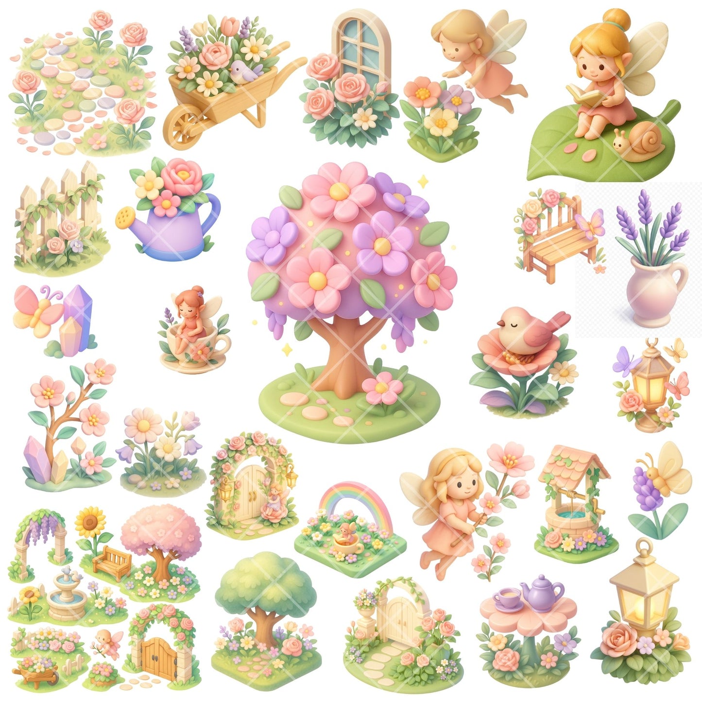 Fairy Garden Clipart PNG | Floral Fairytale Spring Garden | Fairies Flowers Trees | Nursery & Kids Crafts | Commercial Use