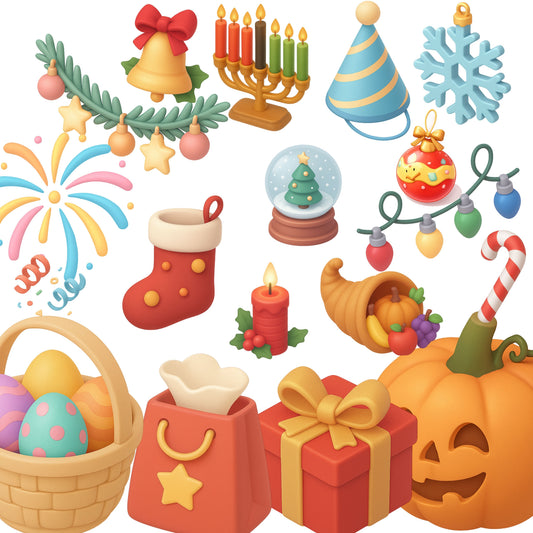 Holiday 3D Clipart PNG Bundle – 54 Seasonal Isometric Icons for Christmas, Halloween & More