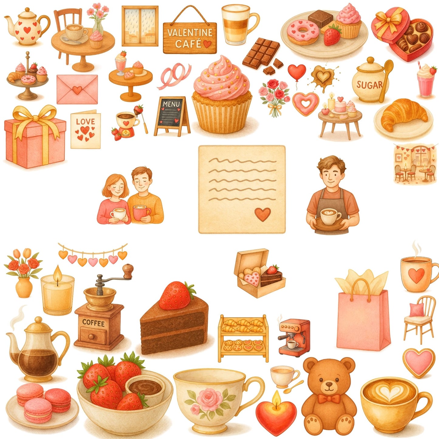 Watercolor Valentine Cafe Clipart, Coffee & Desserts PNG Set, Romantic Cafe Art, Hearts Flowers (54 PNG)