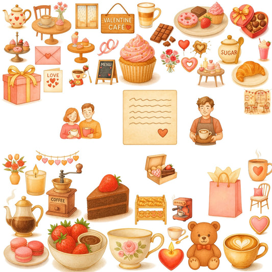 Watercolor Valentine Cafe Clipart, Coffee & Desserts PNG Set, Romantic Cafe Art, Hearts Flowers (54 PNG)