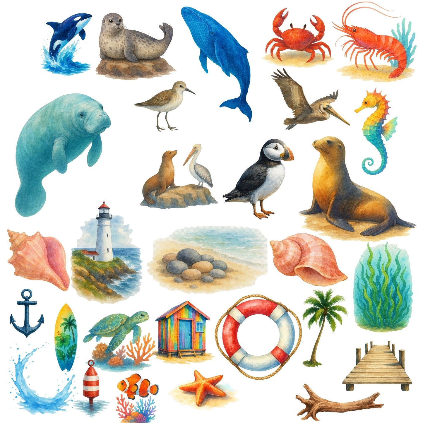 Ocean Coast Animals Watercolor Clipart PNG – Sea Life, Beach & Marine Art (50 PNG)