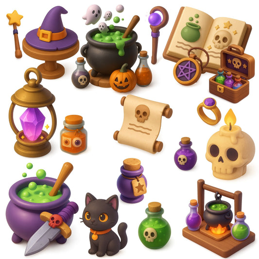 Halloween Potion Clipart 3D – Witchcraft PNG Bundle | Spooky Potions, Cauldrons & Spell Items (55 Files)