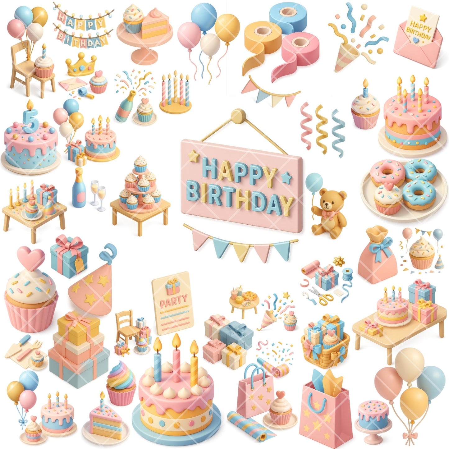 Birthday Party Clipart PNG | Cake Balloons Gifts | Pastel Birthday Decor | Party Invitation Clipart | Commercial Use