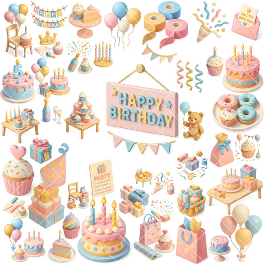 Birthday Party Clipart PNG | Cake Balloons Gifts | Pastel Birthday Decor | Party Invitation Clipart | Commercial Use
