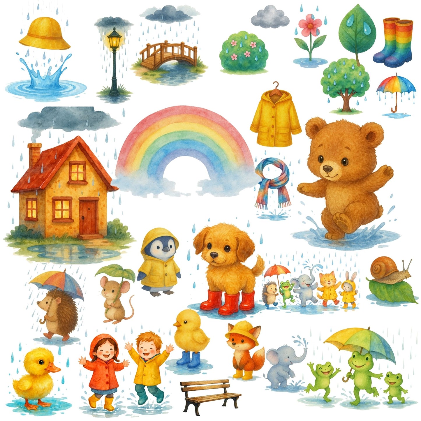 Rainy Day Animals Watercolor Clipart PNG – Cute Kids, Umbrellas, Rain Gear (50 PNG)
