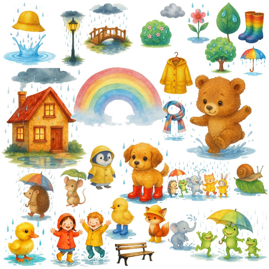 Rainy Day Animals Watercolor Clipart PNG – Cute Kids, Umbrellas, Rain Gear (50 PNG)
