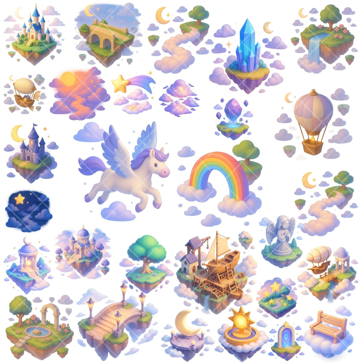 Floating Island Clipart, Sky Kingdom PNG Bundle, Fantasy Castle Clouds Islands, Magical Celestial Art (64 PNG)