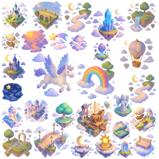 Floating Island Clipart, Sky Kingdom PNG Bundle, Fantasy Castle Clouds Islands, Magical Celestial Art (64 PNG)