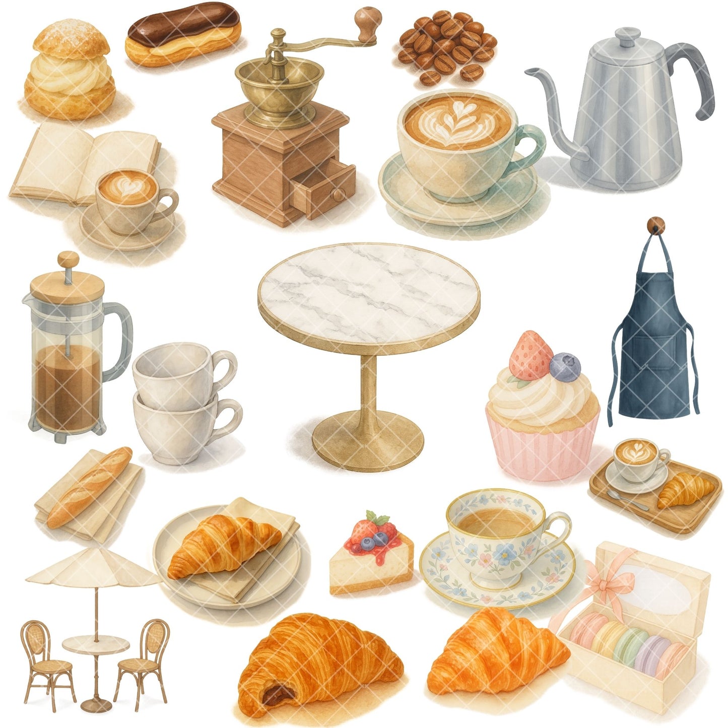Watercolor European Cafe Clipart – Coffee & Croissant PNG Set, Paris Cafe Pastry Illustrations (53 Files)