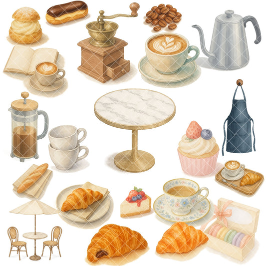 Watercolor European Cafe Clipart – Coffee & Croissant PNG Set, Paris Cafe Pastry Illustrations (53 Files)