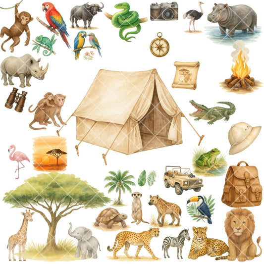 Safari Watercolor Clipart PNG | Jungle Animals Clipart | Safari Nursery Art | Jungle Adventure PNG | Commercial Use