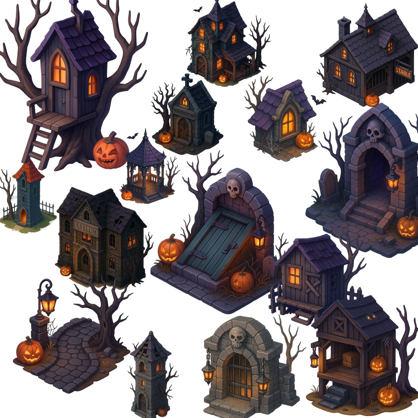 Halloween Haunted House 3D Clipart – Gothic Architecture PNG, Spooky Mansions, Graveyard & Dark Fantasy Decor (50 PNG)