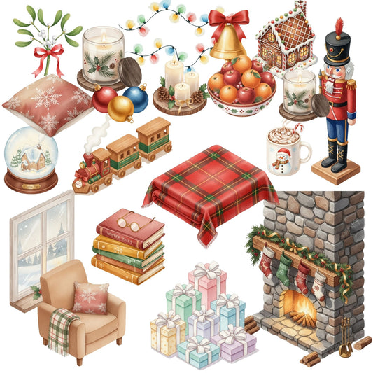 Cozy Christmas Home Watercolor Clipart – Holiday Fireplace & Gifts PNG Set, Warm Winter Decor Art, Christmas Interior Clipart, 52 PNG Files