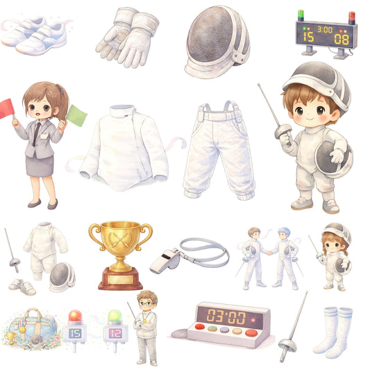 Fencing Watercolor PNG Clipart – Cute Fencers, Gear & Swords (50 Files)
