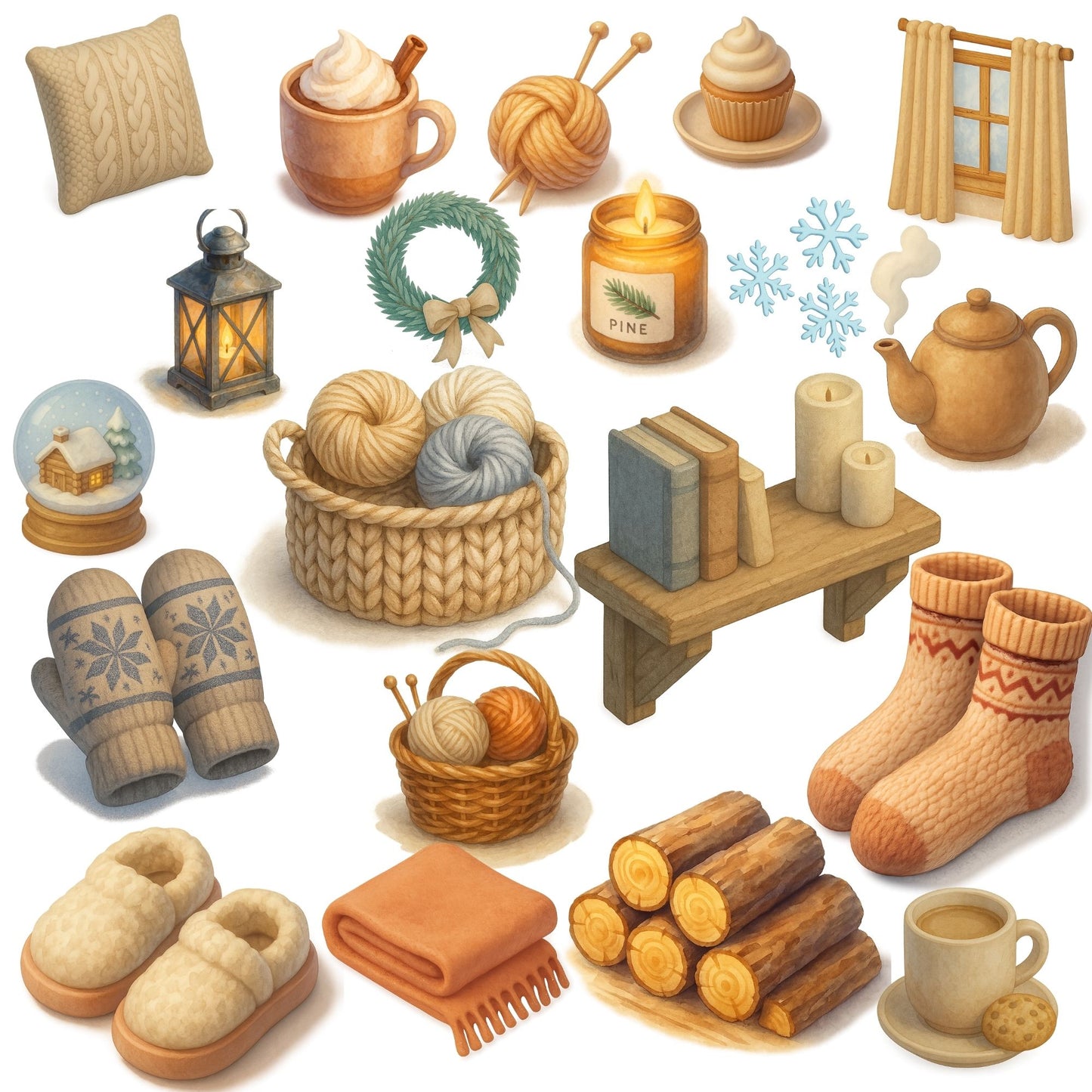 Nordic Winter Hygge Clipart – Cozy Cabin Watercolor PNG Bundle | Scandinavian Winter, Candles, Tea, Slippers (57 Files)