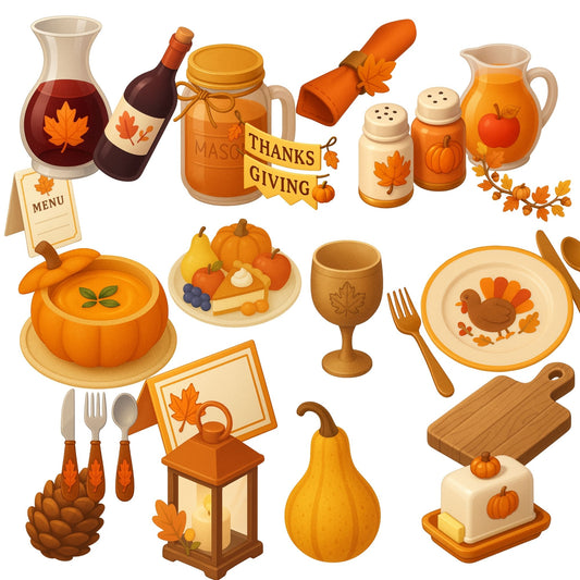 Thanksgiving Table Decor 3D Clipart – Fall Feast PNG Bundle, Autumn Dinner Table, Turkey, Pumpkins & Cozy Holiday Decor (50 PNG)