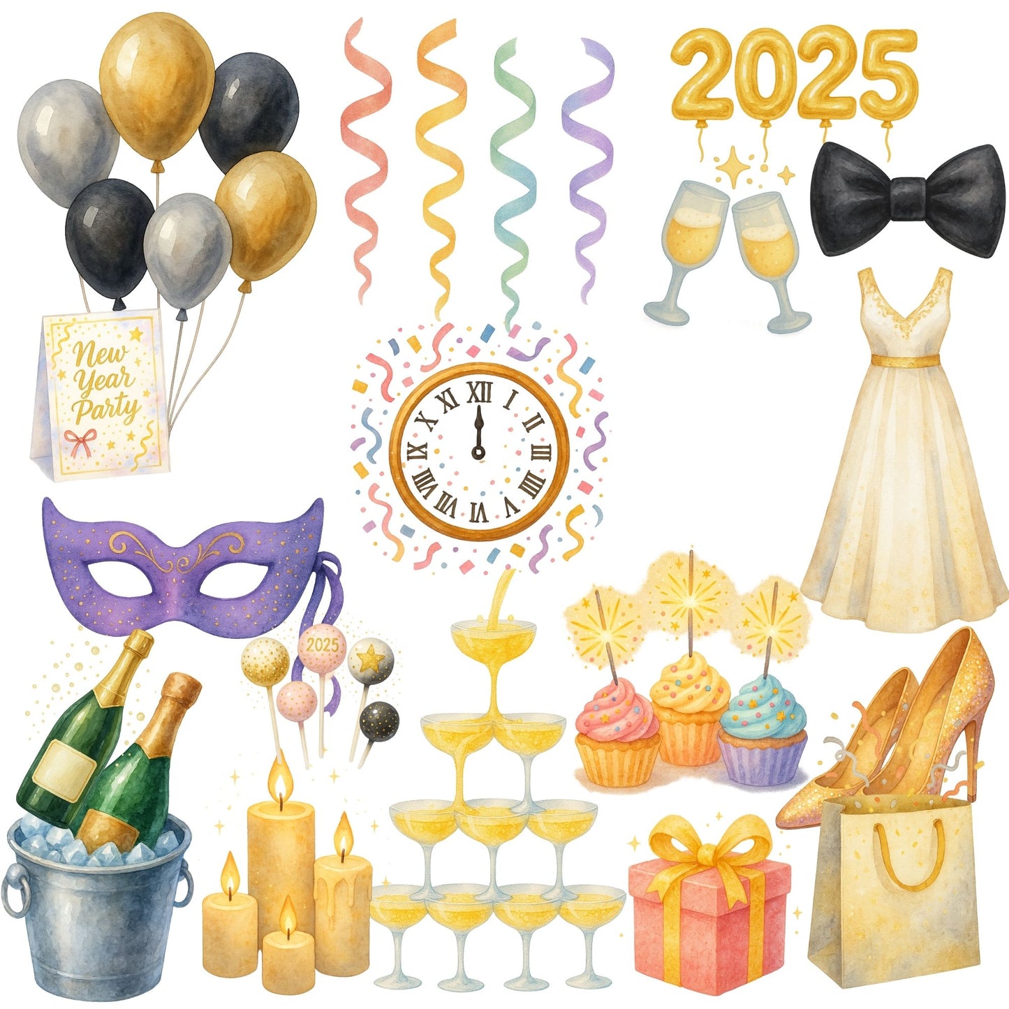 New Year Party Watercolor Clipart – 2025 Celebration PNG Set, Champagne Balloons Fireworks, New Years Eve Clipart, 59 PNG Files