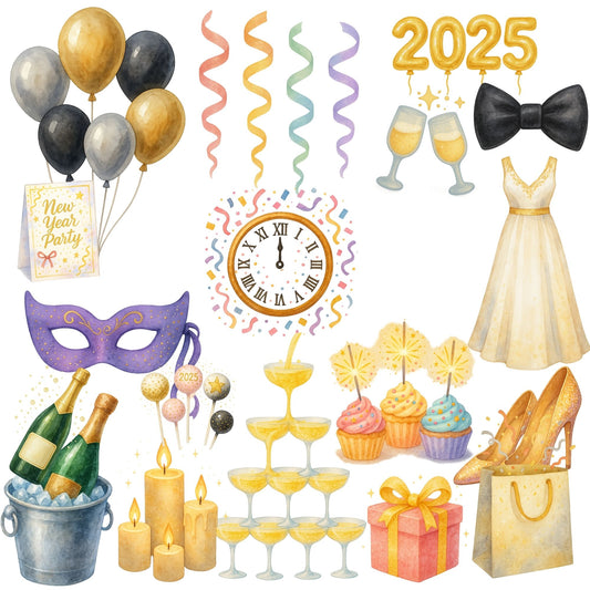New Year Party Watercolor Clipart – 2025 Celebration PNG Set, Champagne Balloons Fireworks, New Years Eve Clipart, 59 PNG Files
