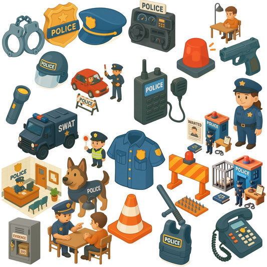 3D Police Clipart Set – Law Enforcement PNG Illustrations, Police Station, Officers, Patrol Cars & Safety Education Art (60 PNG)