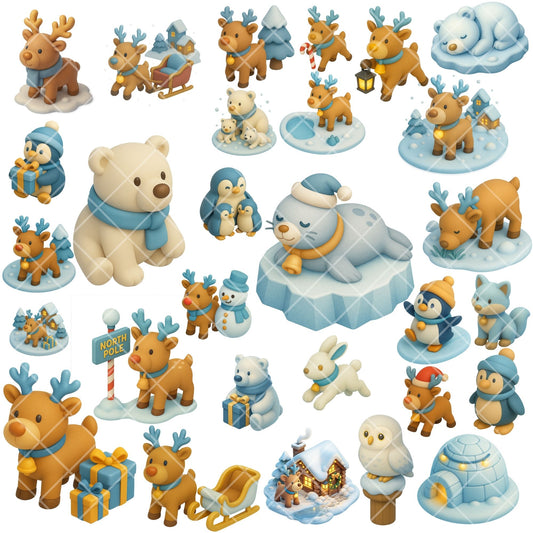 North Pole Animals Clipart PNG | Winter Reindeer Polar Bear Penguin | Arctic Christmas Clipart | Cute Holiday Animals | Commercial Use