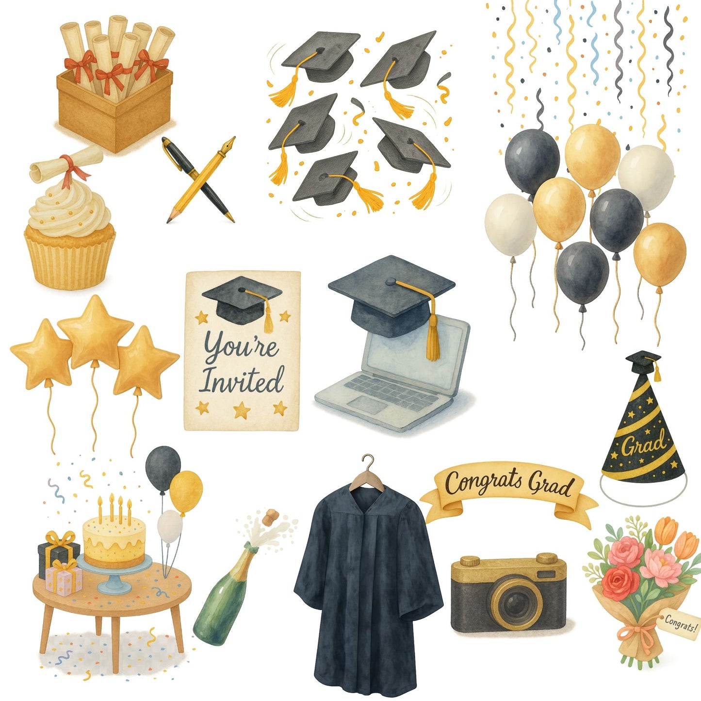 Graduation Watercolor Clipart – Cap & Gown Congrats PNG | Grad Party Decor, Invitations & Celebration Art (55 Files)