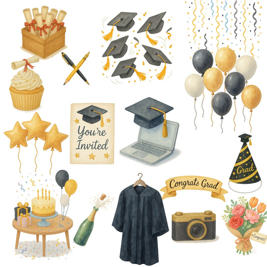Graduation Watercolor Clipart – Cap & Gown Congrats PNG | Grad Party Decor, Invitations & Celebration Art (55 Files)