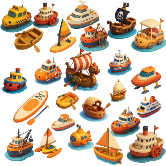 3D Boat Clipart Bundle – Isometric Ship, Yacht & Submarine PNG Set, Aquatic Transportation Graphics, Nautical Vehicles, 56 PNG Files
