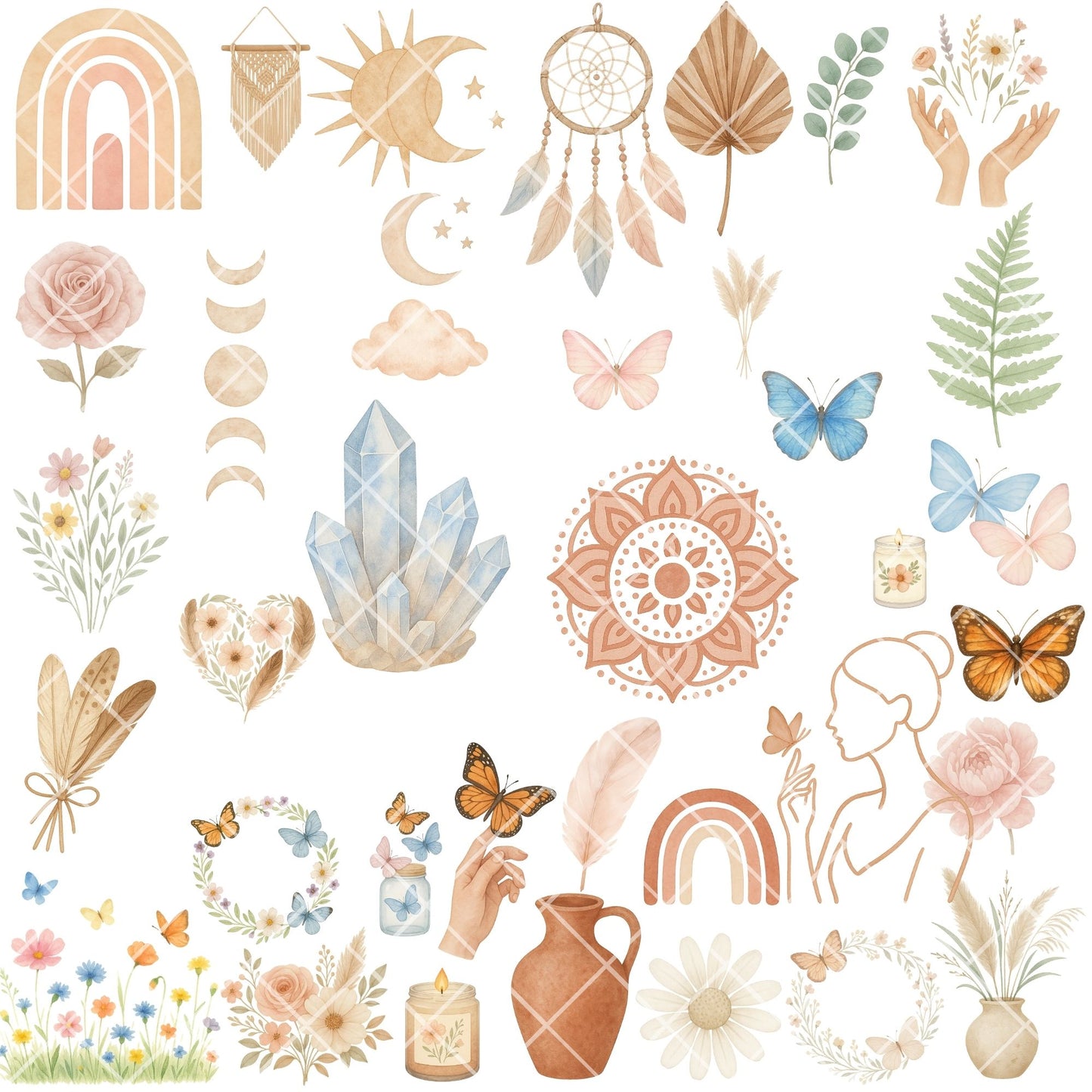 Boho Butterfly Watercolor Clipart PNG | Bohemian Garden Florals | Spiritual Boho Art | Butterfly PNG Bundle | Commercial Use