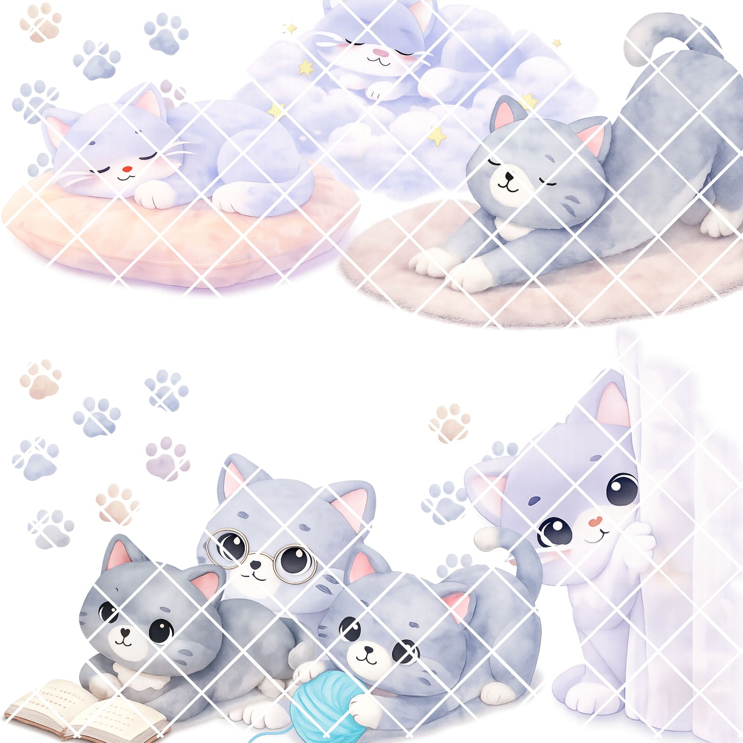 Cute Cat Watercolor Clipart PNG | Kawaii Kitten Pastel Art | Nursery & Planner Cats | Scrapbook Pet Graphics | Commercial Use