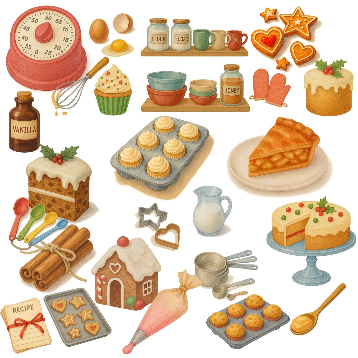 Christmas Baking Watercolor Clipart – Holiday Kitchen PNG Set, Festive Baking Illustrations, Christmas Food Clipart, 60 PNG Files