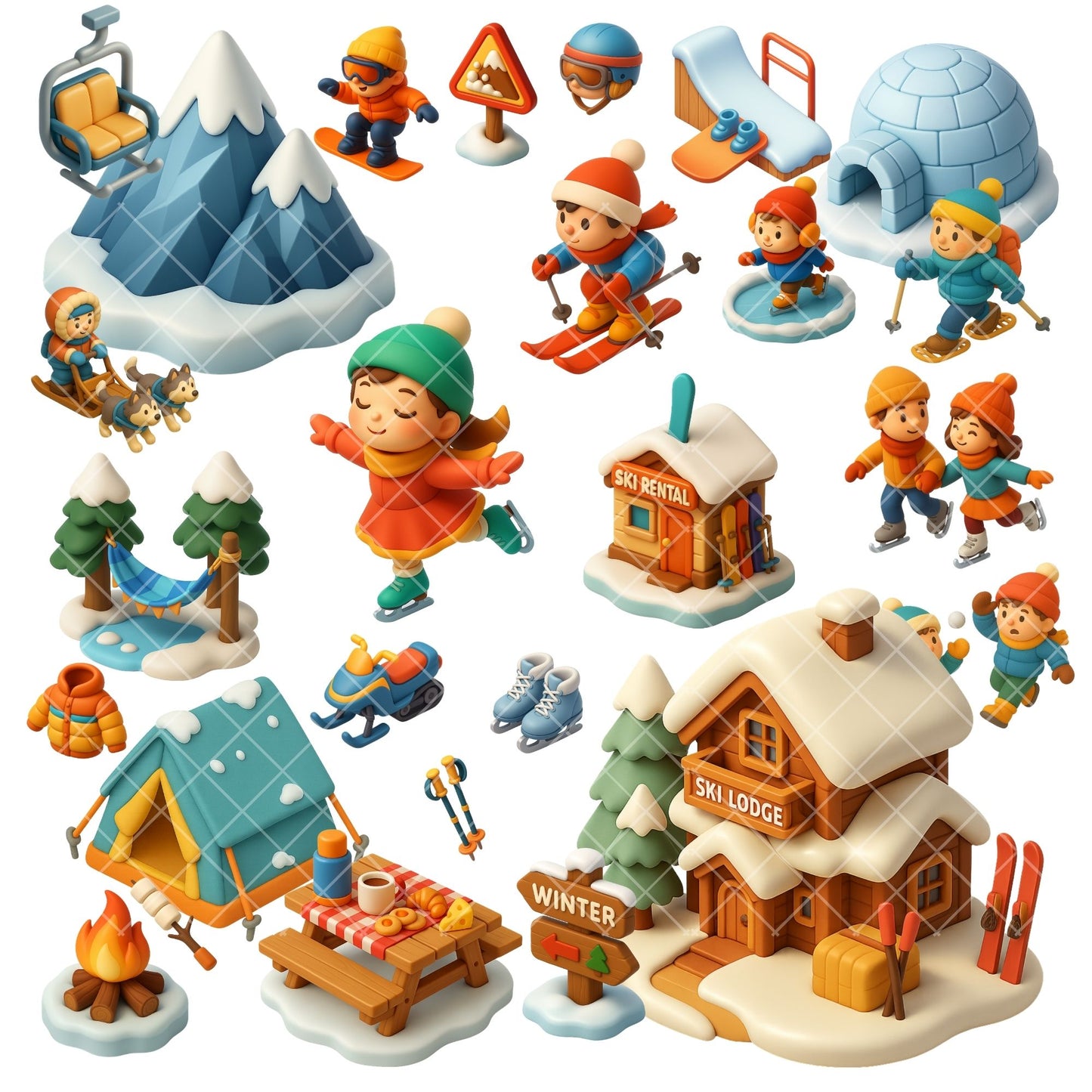 Winter Sports Clipart – 3D Snow Activities PNG, Kids Skiing & Ice Skating, Winter Clipart Bundle (60 Files)