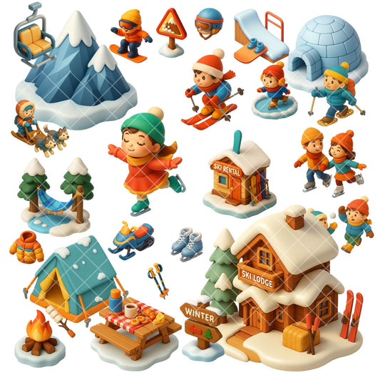 Winter Sports Clipart – 3D Snow Activities PNG, Kids Skiing & Ice Skating, Winter Clipart Bundle (60 Files)