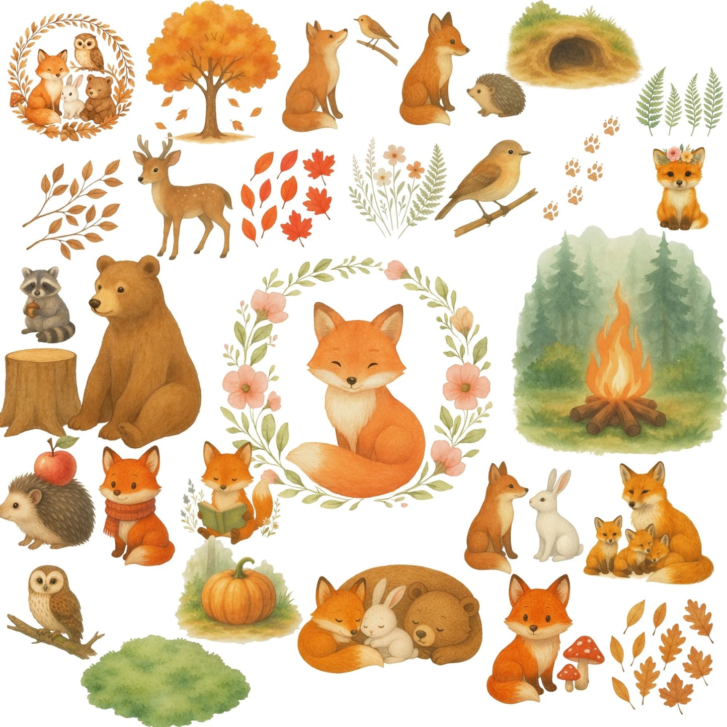 Watercolor Forest Animals Clipart PNG – Fox Bear Deer Woodland Baby Animals (50 PNG)
