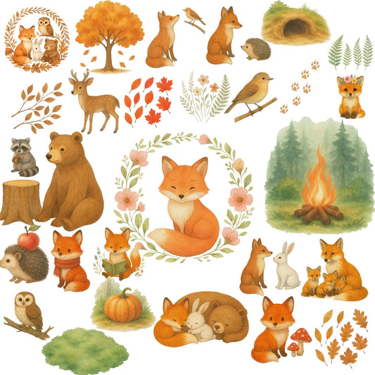 Watercolor Forest Animals Clipart PNG – Fox Bear Deer Woodland Baby Animals (50 PNG)