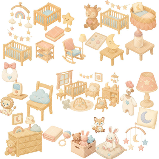 Pastel Nursery Clipart – 3D Baby Room PNG Bundle, Cute Nursery Decor & Baby Shower Graphics (52 Files)