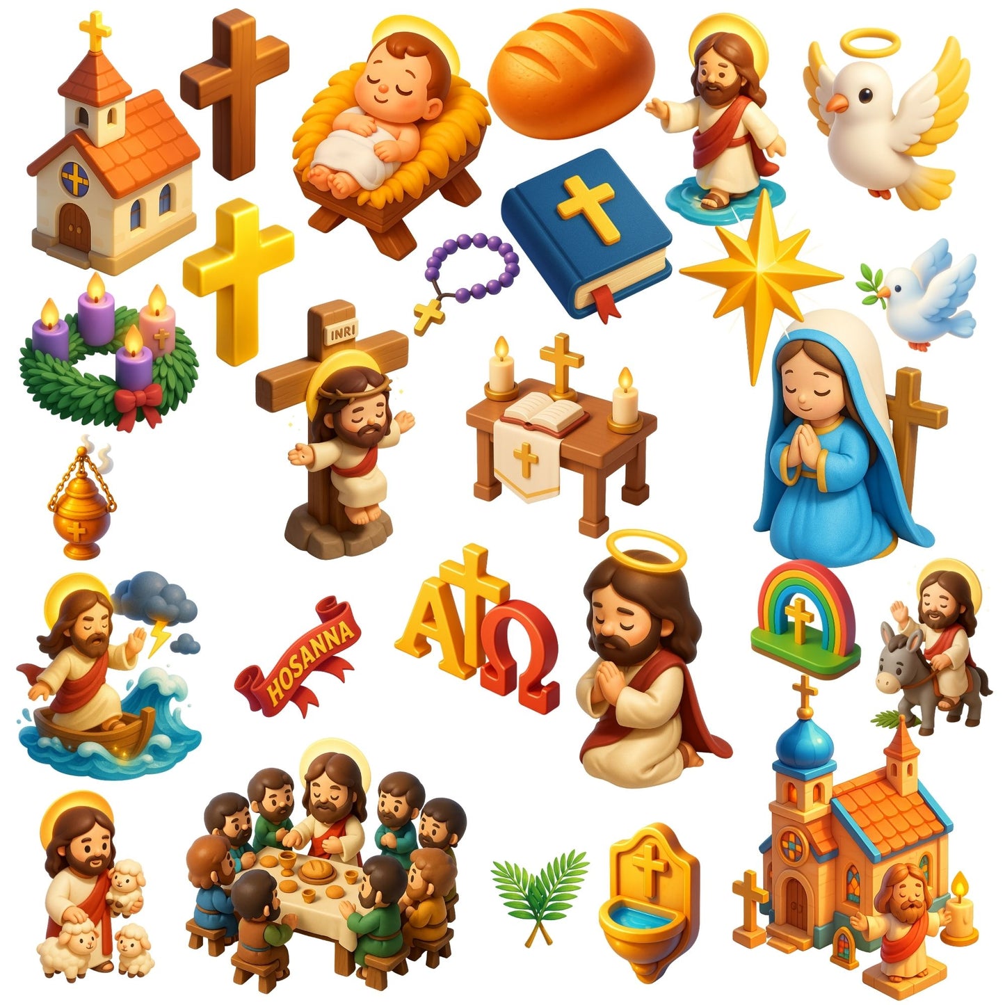 Jesus Christian Clipart PNG Bundle, 3D Religious Symbols, Cross Bible Church Dove Faith Art (60 PNG)