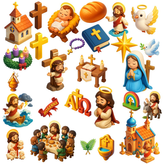 Jesus Christian Clipart PNG Bundle, 3D Religious Symbols, Cross Bible Church Dove Faith Art (60 PNG)
