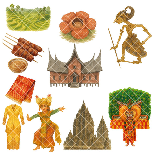 Indonesia Culture Watercolor Clipart PNG | Traditional Food, Dance, Landmarks | Asian Heritage Art | Educational Cultural Graphics