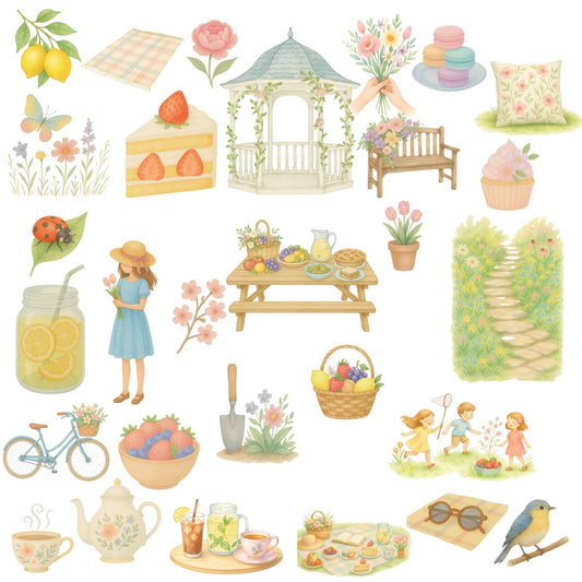 Spring Picnic Watercolor Clipart – Garden Party PNG, Picnic Table, Flowers, Lemonade, Spring Decor Art (50 PNG)