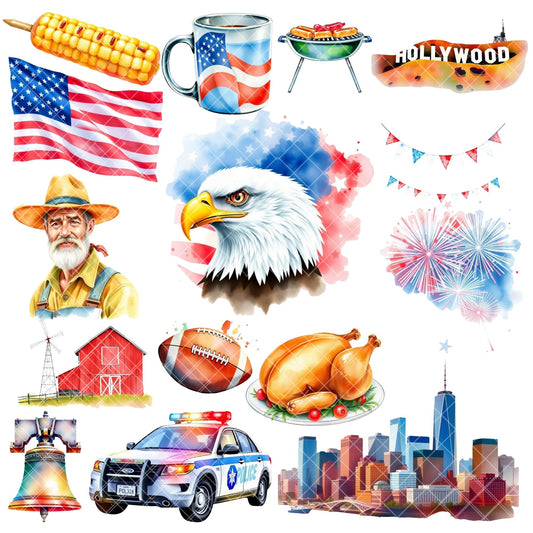 USA Watercolor Clipart PNG | Patriotic American Icons | Fourth of July Clipart | USA Culture Art | Commercial Use
